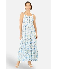 Yumi Women's Butterfly Print Lace Trim Maxi Dress