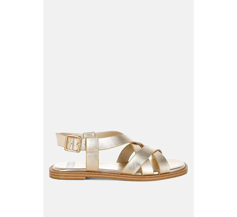 Doata Metallic Genuine Leather Buckled Flats