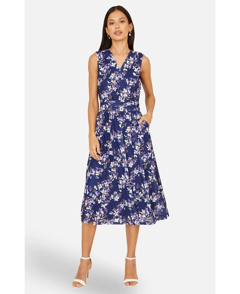 Yumi Women's Blossom Print Mesh Stretch Midi Dress