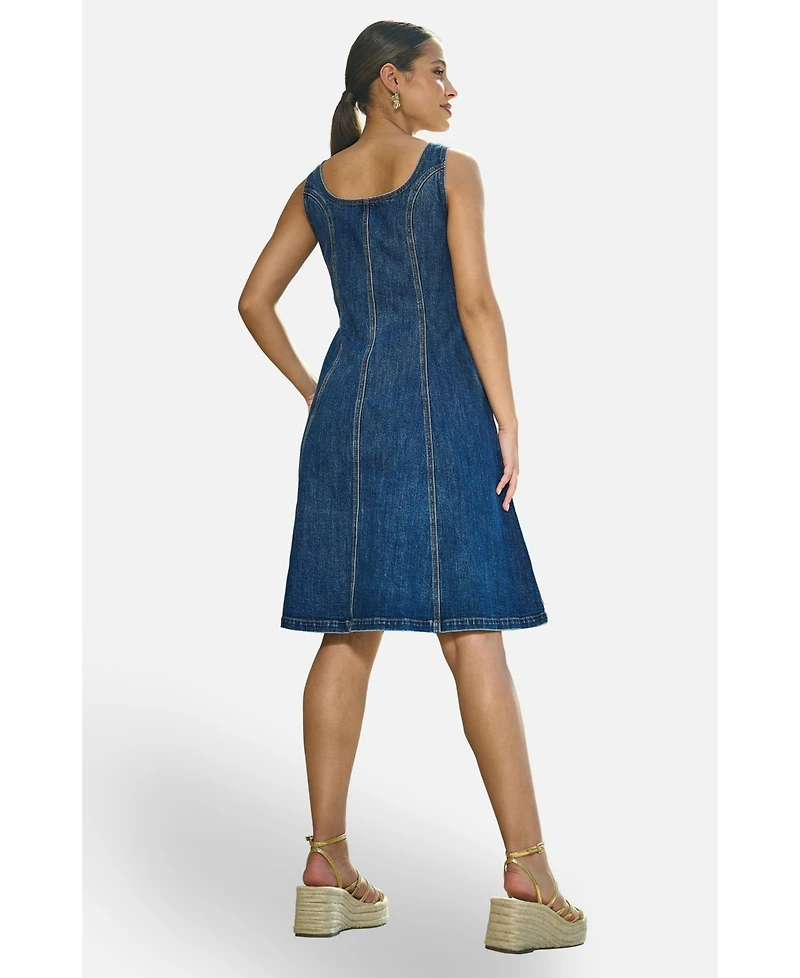 Yumi Women's Stretch Denim Panel Fitted Dress