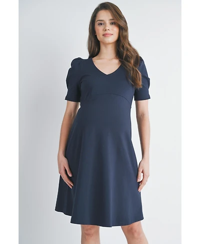 Hello Miz Women's Maternity A-Line V Neck Empire Waist Puff Sleeve Dress