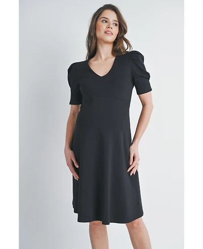 Hello Miz Women's Maternity A-Line V Neck Empire Waist Puff Sleeve Dress