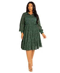 Buxom Couture Women's Plus Lace Long Sleeve Tiered Shirt Dress