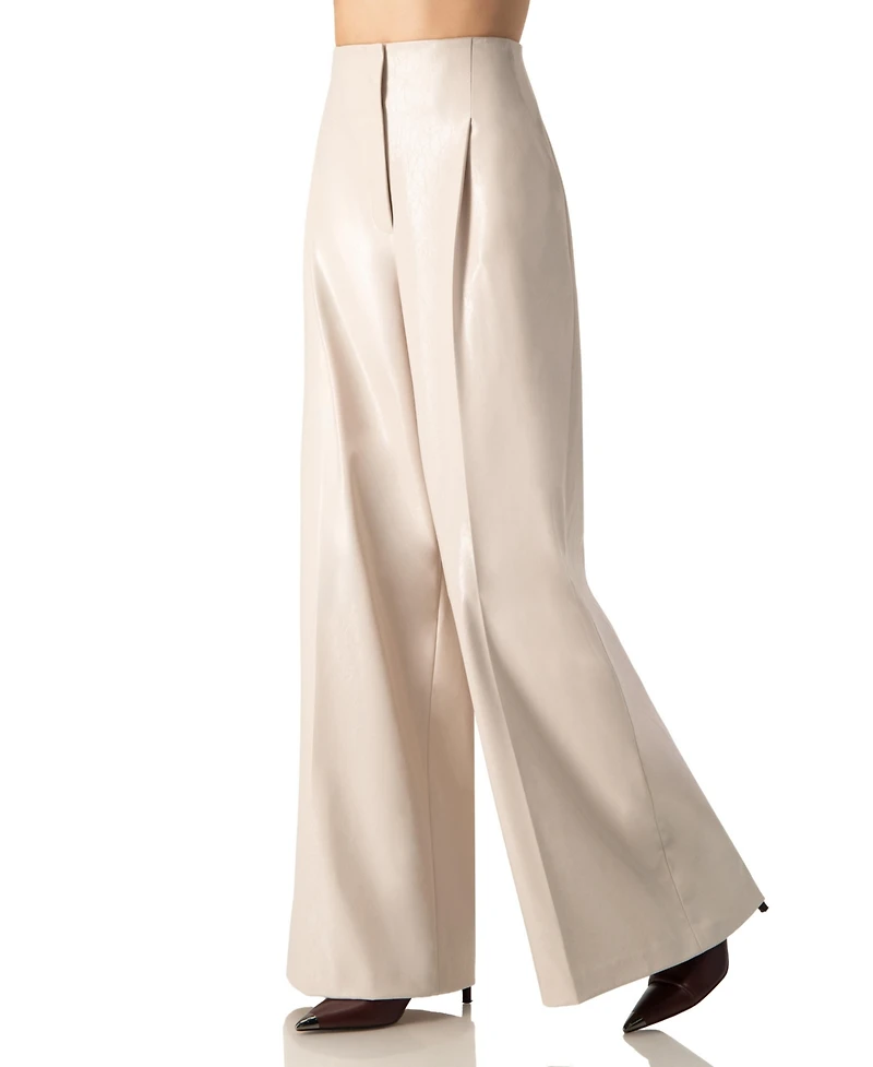 Ivonne Women's Wide Leg Faux Leather Pants with Pockets