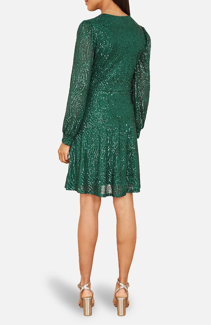 Yumi Women's Sequin Long Sleeve Frill Wrap Dress