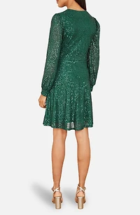 Yumi Women's Sequin Long Sleeve Frill Wrap Dress