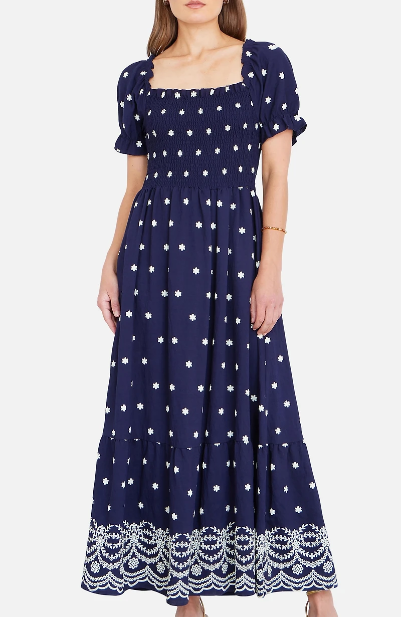 Yumi Women's Border Hemline Smocked Maxi Dress