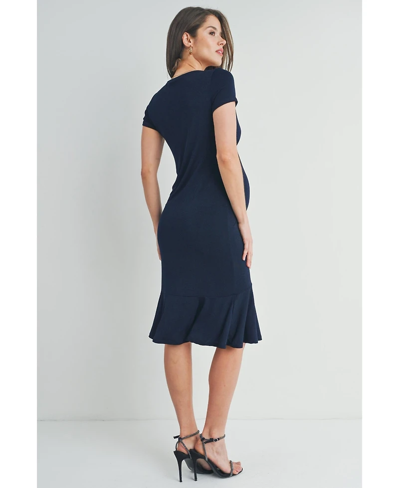 Hello Miz Maternity V-Neck Empire Waist Short Sleeve Midi Dress with Ruffle Hem
