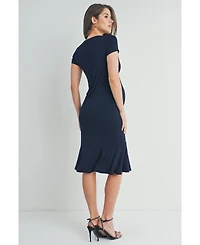 Hello Miz Maternity V-Neck Empire Waist Short Sleeve Midi Dress with Ruffle Hem