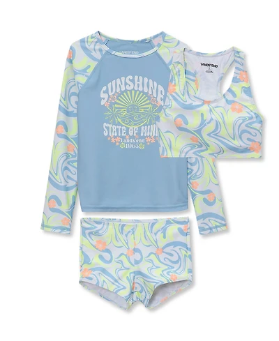 Lands' End Girls Chlorine Resistant Long Sleeve Rash Guard Boyshort 3 Piece Swimsuit Set