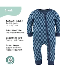 The Peanutshell Baby Boys Checker & Happy Shark Cotton Footless Pajamas for Boys, 2 Pack