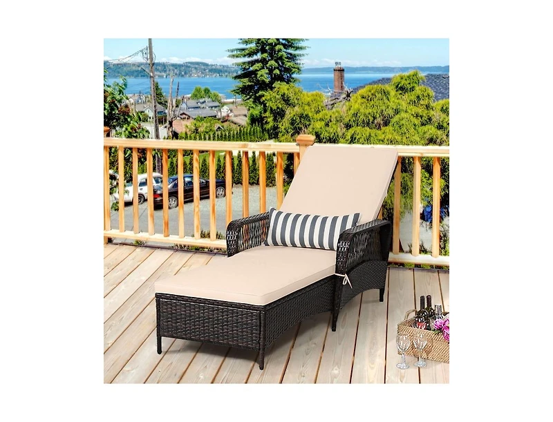 Slickblue Adjustable Outdoor Wicker Chaise Lounge with Pillow for Patio