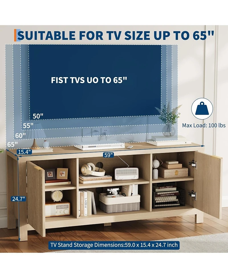 gaomon 65" Fluted Tv Stand - Modern Entertainment Center w/ 2 Storage Cabinets & Open Shelves, Heavy-Duty Console
