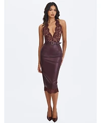 Miss Circle Women's Fiera Mahogany Plunging Halter Belted Midi Dress