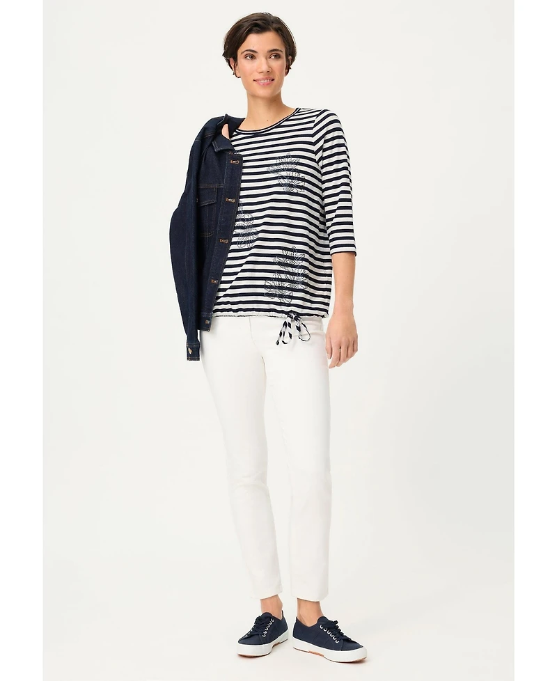 Olsen Women's Striped with Sequin Floral Embellishment T-Shirt