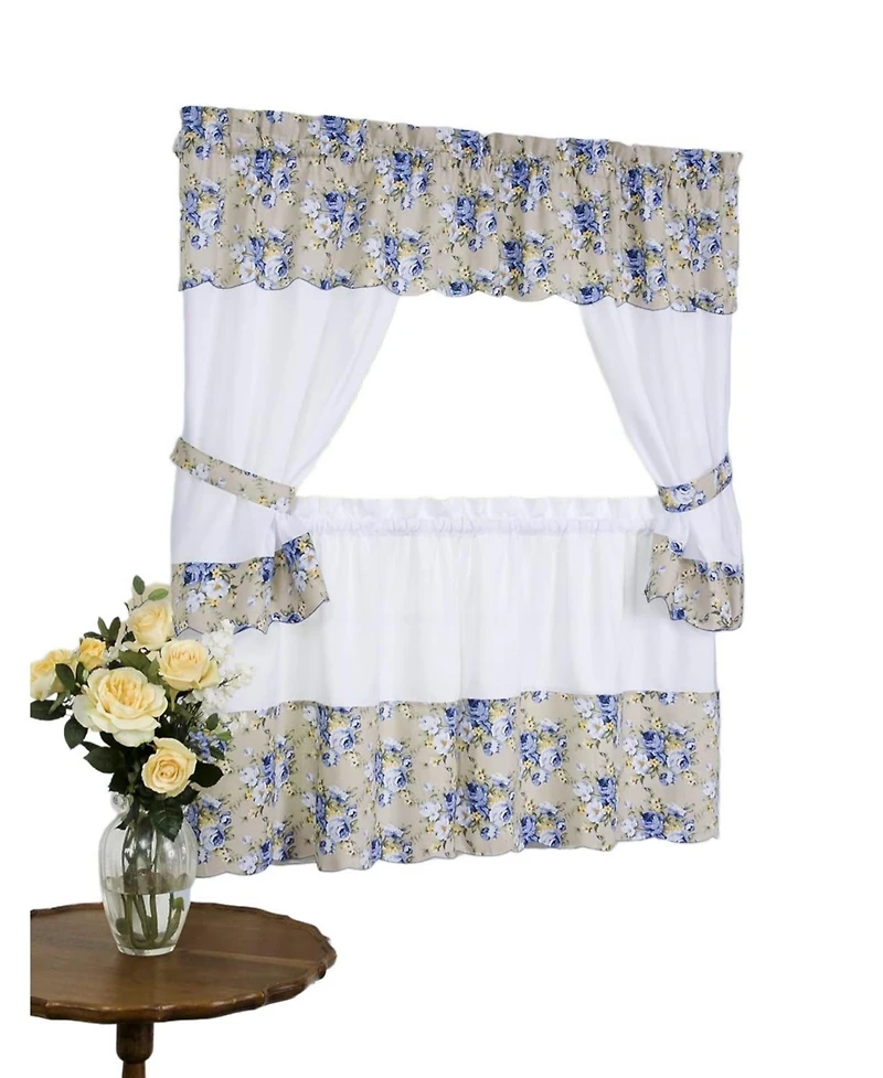 Kate Aurora 5 Piece Blue and White Floral Cafe Rod Pocket Kitchen Curtain and Valance Set