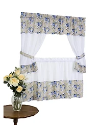 Kate Aurora 5 Piece Blue and White Floral Cafe Rod Pocket Kitchen Curtain and Valance Set