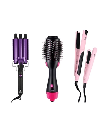 Pursonic Professional Hair Styling Trio: Triple Barrel Curler, One-Step Volumizer & Flat Iron Duo Pack