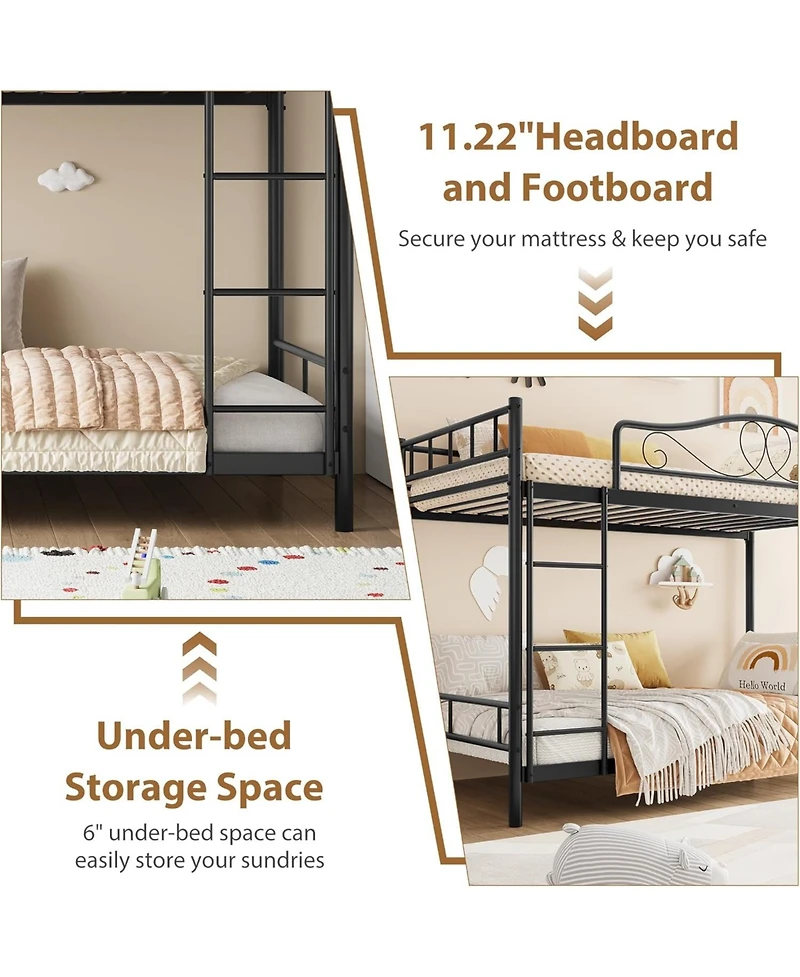 gaomon Metal Bunk Bed Twin Over Twin, Heavy Duty Bunkbeds Frame with Safety Guard Rails for Kids Boys GirlsSteel School, Bedroom Space-Saving,