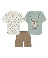 Kids Headquarters Boys' Toddler 2T-5T Printed Polo, Camera T-Shirt and Twill Cargo Shorts 3-Piece Set
