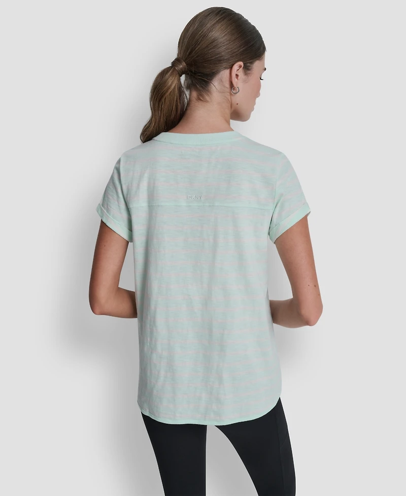 Dkny Sport Women's Embroidered Crewneck Logo Roll-Sleeve Top