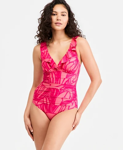 Dkny Ruffle Plunge Underwire Tummy Control One-Piece Swimsuit, Created for Macy's