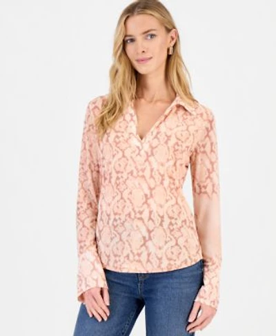 I.N.C. International Concepts Womens Long Sleeve Printed Mesh Collared Top Macys Exclusive