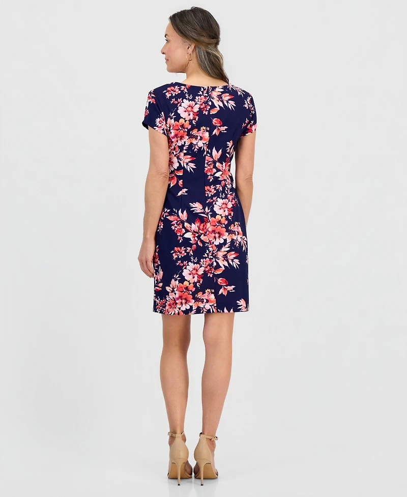 Connected Petite Floral Print Short-Sleeve Sheath Dress
