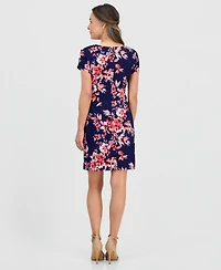 Connected Petite Floral Print Short-Sleeve Sheath Dress