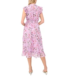 CeCe Women's Flutter-Sleeve Smocked Crewneck Midi Dress