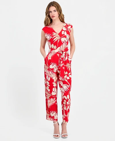 Anne Klein Essentials Petite Printed V-Neck Tie-Waist Jumpsuit