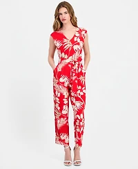 Anne Klein Essentials Petite Printed V-Neck Tie-Waist Jumpsuit