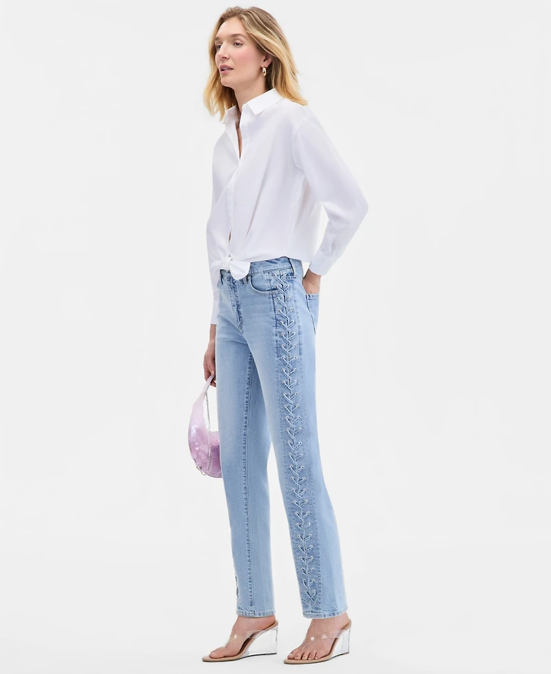 I.n.c. International Concepts Women's High-Rise Lace-Up Straight Ankle Jeans, Macy's Exclusive