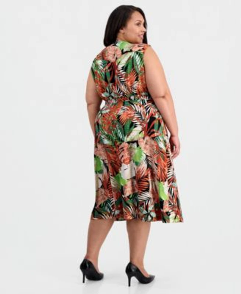 Kasper Plus Size Printed Pleat Neck Sleeveless Top Pull On Flare Midi Skirt