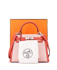 Pre-Owned HERMES Kelly 28 Handbag Toile and Brown Swift with Palladium Hardware