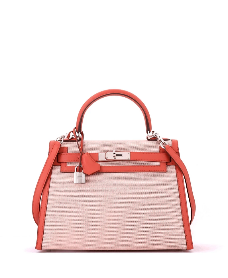 Pre-Owned HERMES Kelly 28 Handbag Toile and Brown Swift with Palladium Hardware