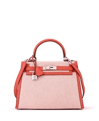 Pre-Owned HERMES Kelly 28 Handbag Toile and Brown Swift with Palladium Hardware