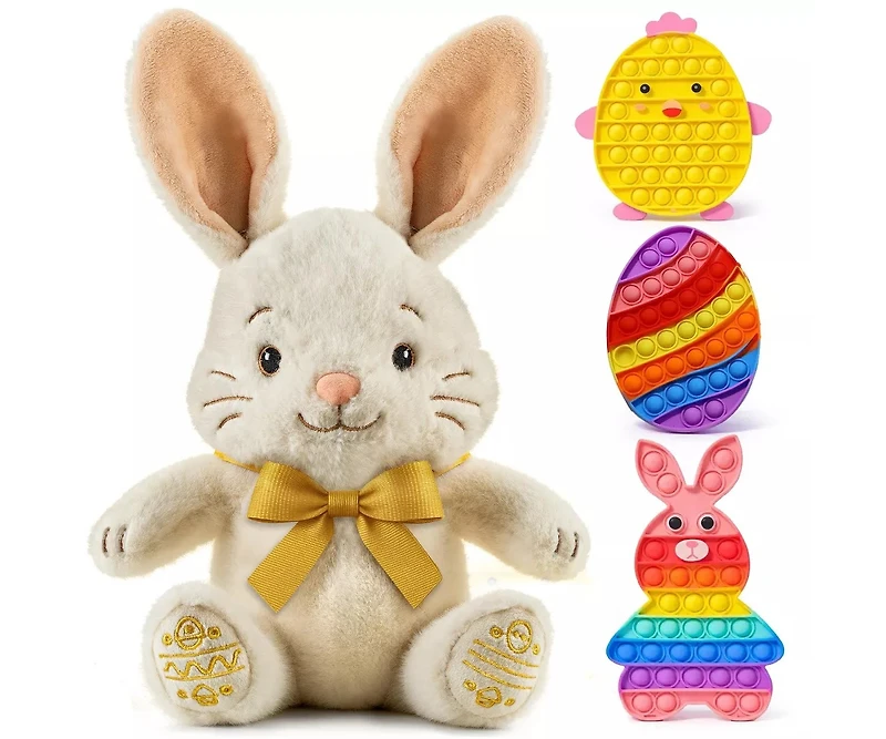 Sperric Easter Pop It & Plush Bunny Bundle, 3-Pack Bunny, Chicken & Egg Fidget Pops with 13-inch Plush Bunny with Bow, Perfect Easter Gift Toys