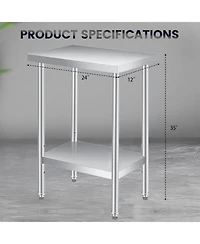 gaomon 12"X24"x35" Stainless Steel Work Table, 2-Tier Commercial Metal Prep Table, Rust-Resistant Utility Tables