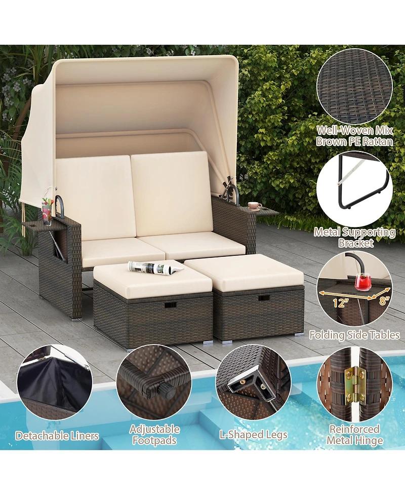 Gymax Rattan Daybed w/ Adjustable Backrests & Retractable Canopy for Patio