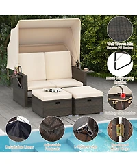 Gymax Rattan Daybed w/ Adjustable Backrests & Retractable Canopy for Patio