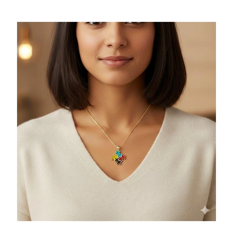 Curata Jewelry 14K Gold 18" Autism Awareness Enamel Puzzle Pendant Necklace