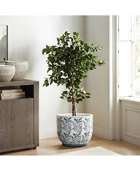 LuxenHome Blue Botanical Floral Ceramic Planter, 15.5" Round Garden Pot for Indoor & Outdoor Plants