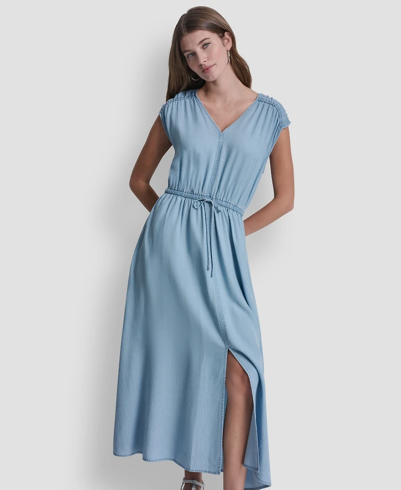 Dkny Jeans Women's Ruched Shoulder Sleeveless V-Neck Dress