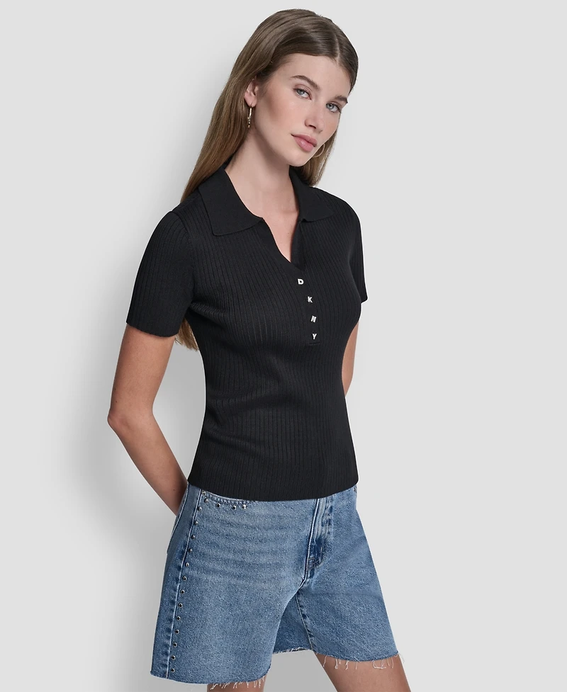 Dkny Jeans Women's Short-Sleeve Rib Collared Polo Top