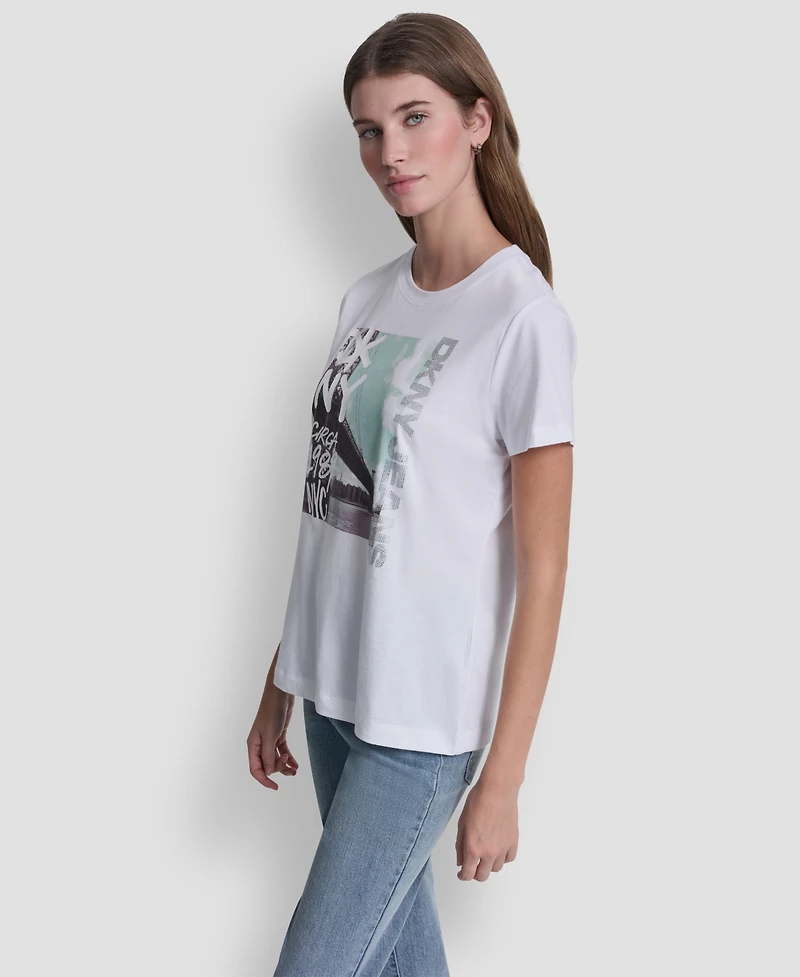 Dkny Jeans Women's Rhinestone Graffiti Logo Crew Neck T-Shirt