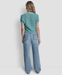 Dkny Jeans Women's Short-Sleeve V-Neck Polo Cropped Sweater