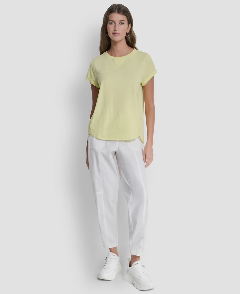 Dkny Sport Women's Embroidered Crewneck Logo Roll-Sleeve Top