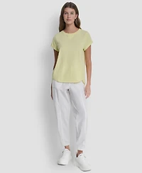 Dkny Sport Women's Embroidered Crewneck Logo Roll-Sleeve Top