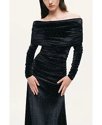 Nocturne Women's Off-Shoulder Velvet Maxi Dress with Rhinestone Detail